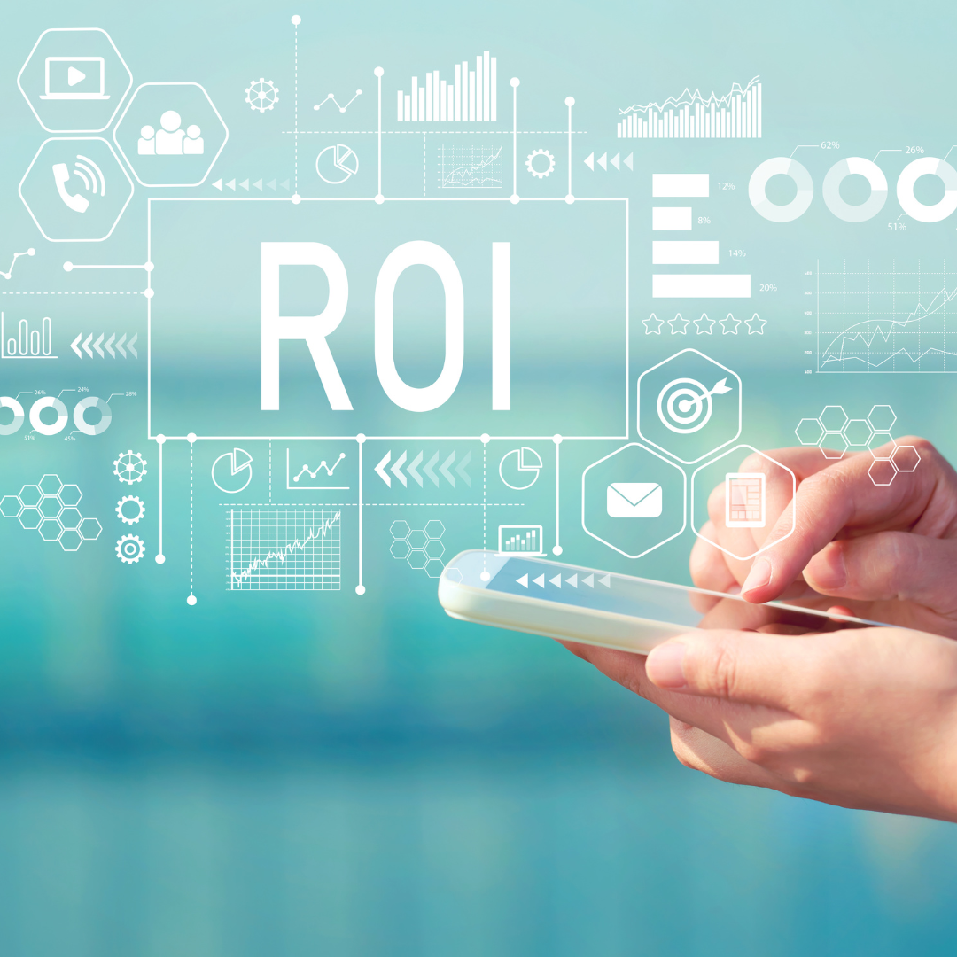 A smartphone displaying ROI analytics and graphs, symbolising the importance of tracking social media ROI for business success