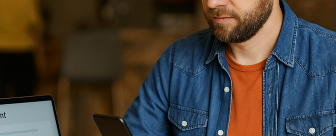 Focused man in his 30s using a smartphone and clipboard while working on a laptop in a cosy cafe, representing how to stay consistent on social media as a busy business owner.