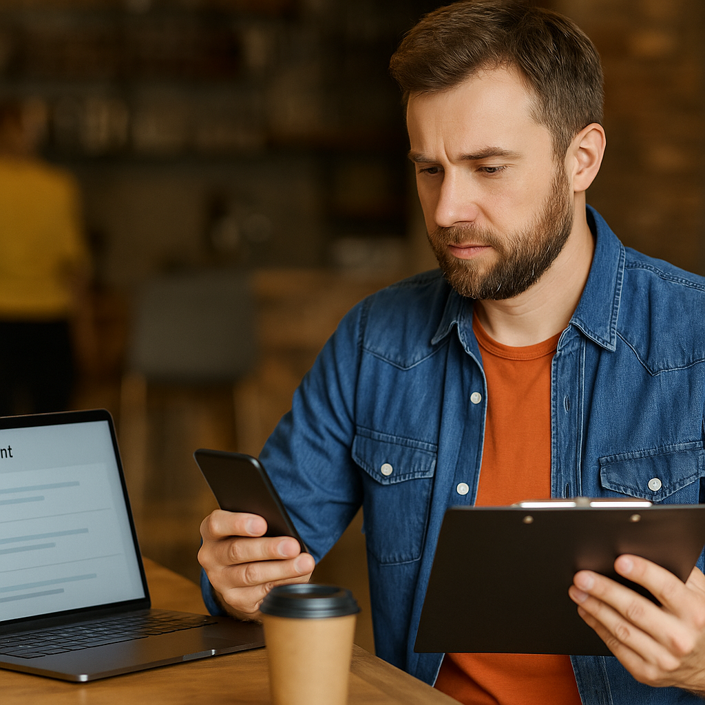 Focused man in his 30s using a smartphone and clipboard while working on a laptop in a cosy cafe, representing how to stay consistent on social media as a busy business owner.