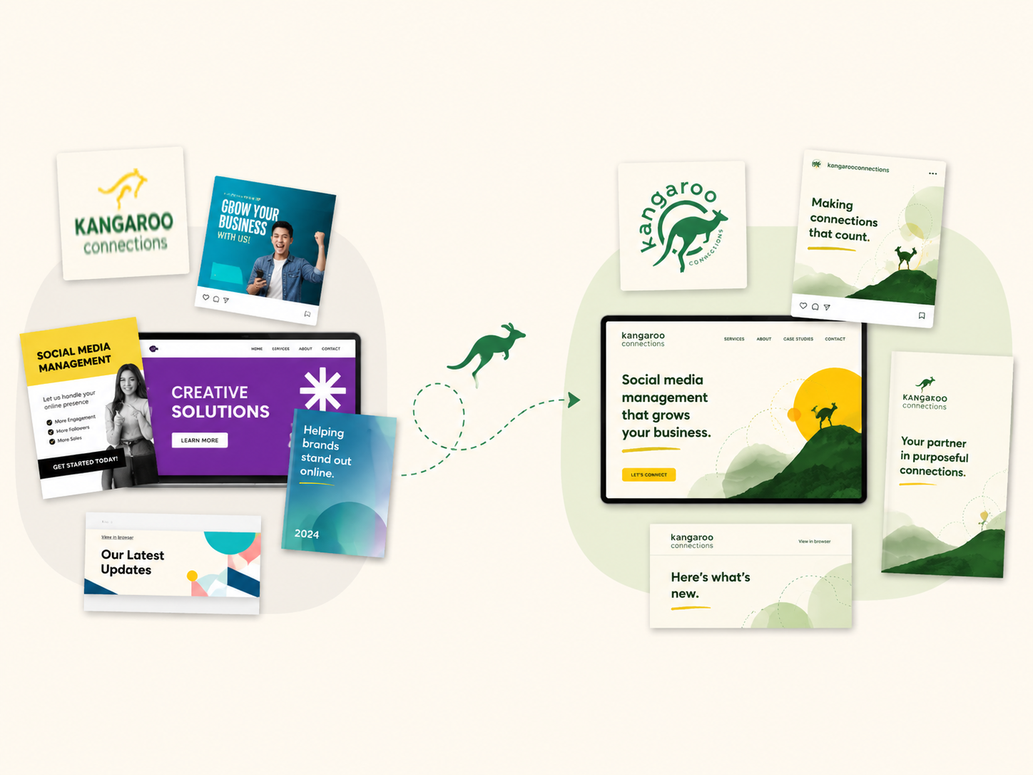 Graphic design and branding services in Hastings and East Sussex showing social media, website, logo and email design examples by Kangaroo Connections.