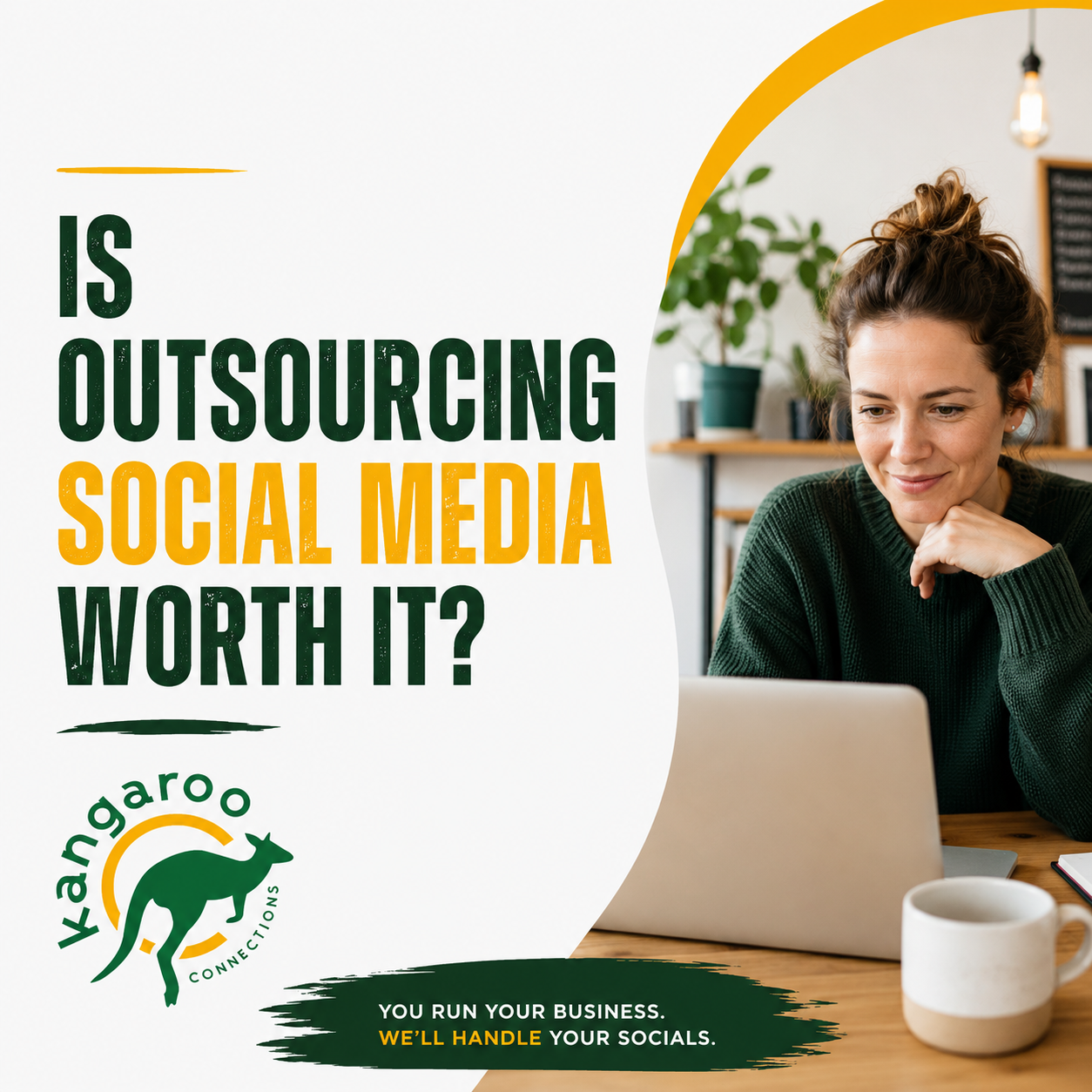 Small business owner considering outsourcing social media with Kangaroo Connections
