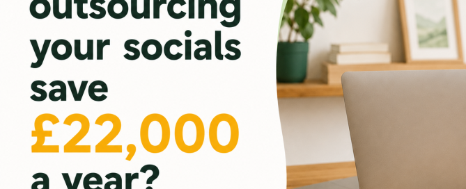 Kangaroo Connections blog graphic asking if outsourcing your socials could save £22,000 a year, with a laptop and desk workspace