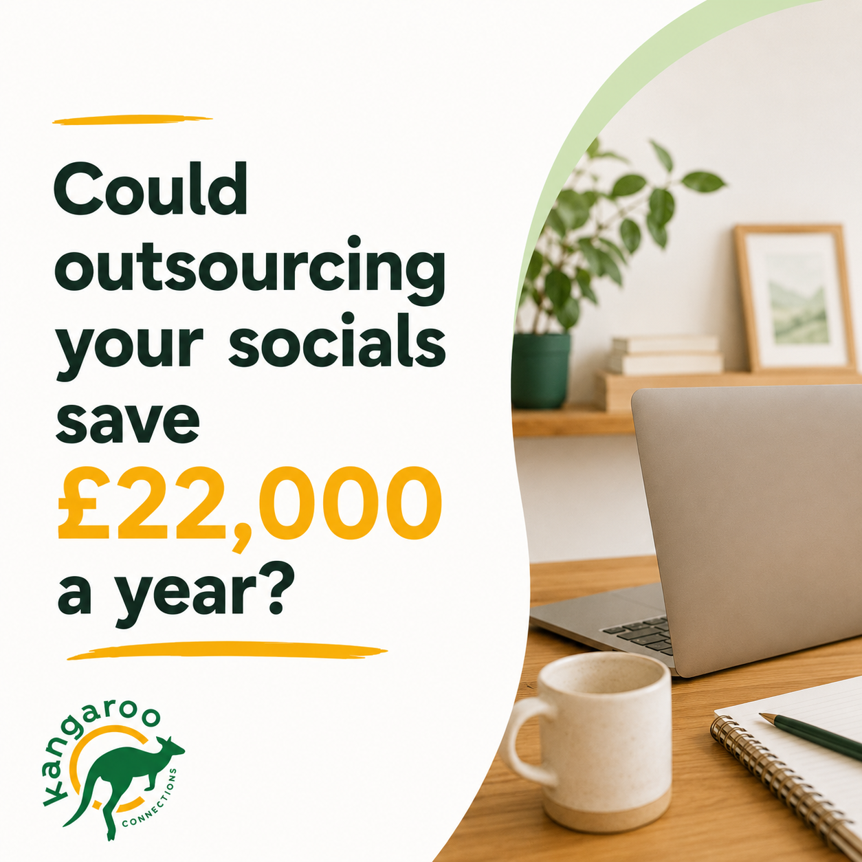 Kangaroo Connections blog graphic asking if outsourcing your socials could save £22,000 a year, with a laptop and desk workspace
