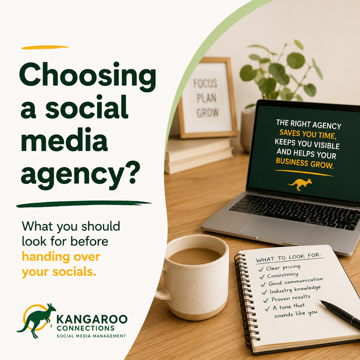 Kangaroo Connections blog graphic about choosing a social media management agency for a UK small business