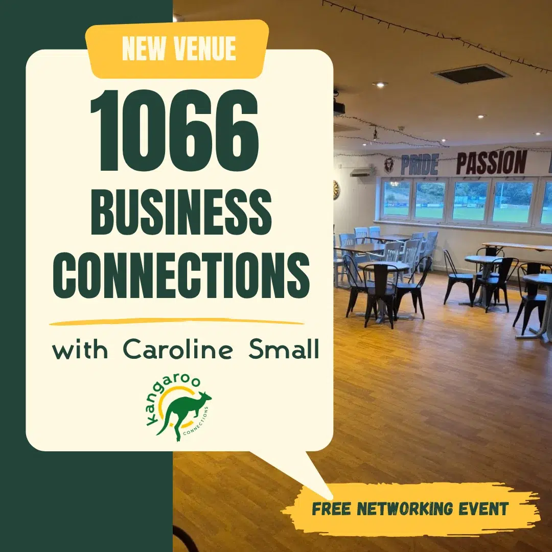 1066 Business Connections with Caroline Small blog graphic by Kangaroo Connections, promoting a free local networking event at The Pilot Bar in Hastings.