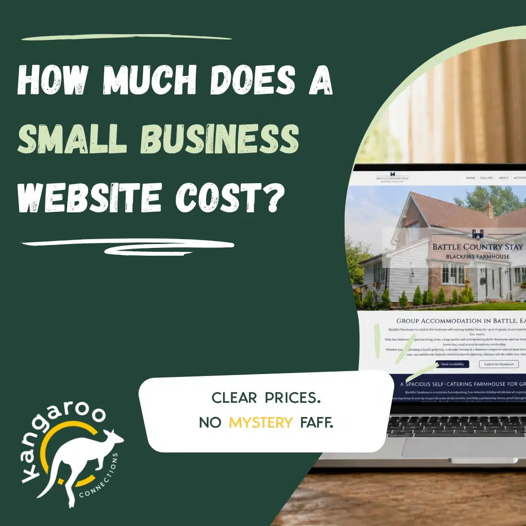 Small business website cost graphic by Kangaroo Connections, helping business owners understand website pricing, packages and payment options.