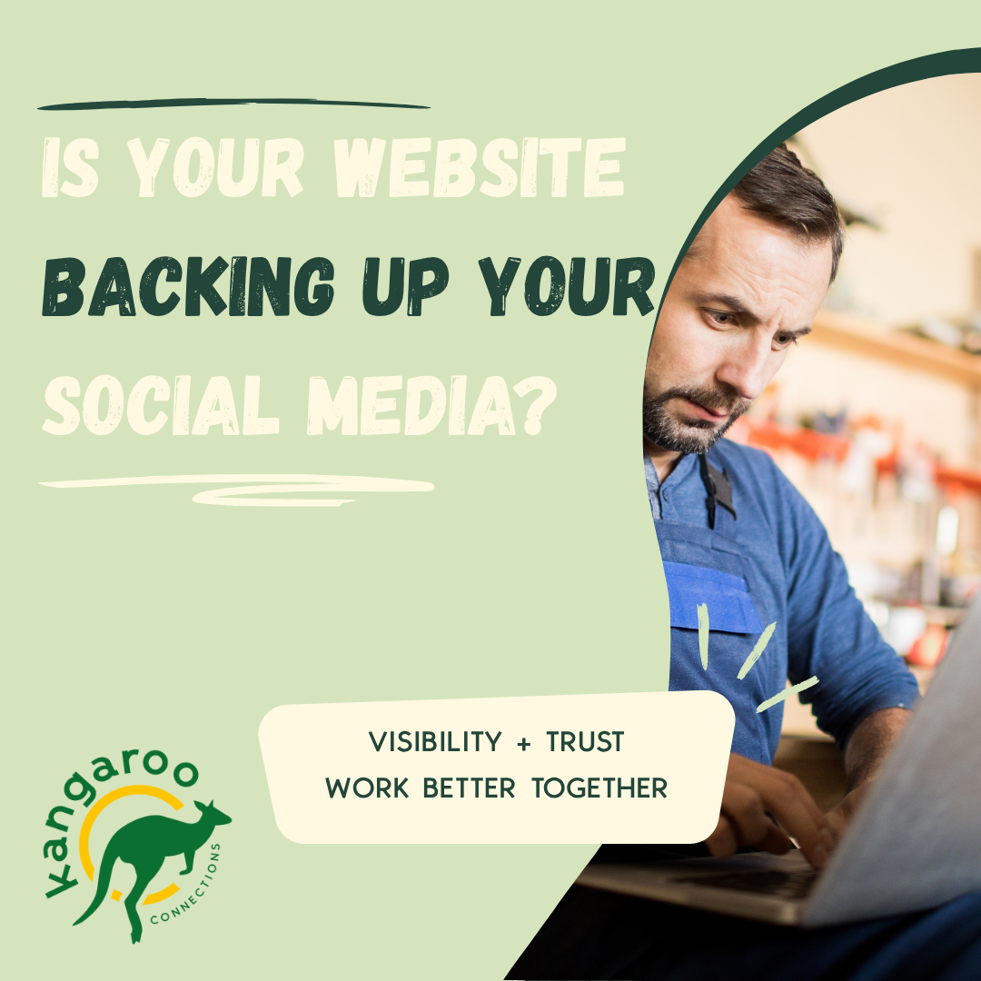 Website and social media working together graphic by Kangaroo Connections, showing how local businesses can use both to build visibility, trust and enquiries online.