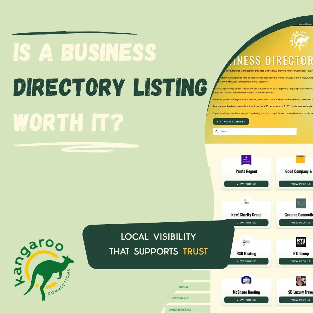 Business directory listing worth it graphic by Kangaroo Connections, showing how a well-written local business directory listing can support visibility, trust and backlinks.