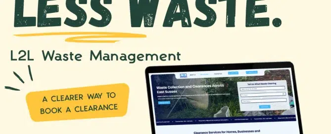 Laptop displaying the L2L Waste Management website on a wooden desk beside a window.