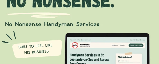 No Nonsense Handyman Services website shown on a laptop, with “New website. No nonsense.” headline and Kangaroo Connections branding.