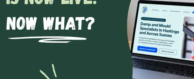 Person reviewing a website on a laptop beside a maintenance checklist, with the headline “Your website’s live. Now what?”